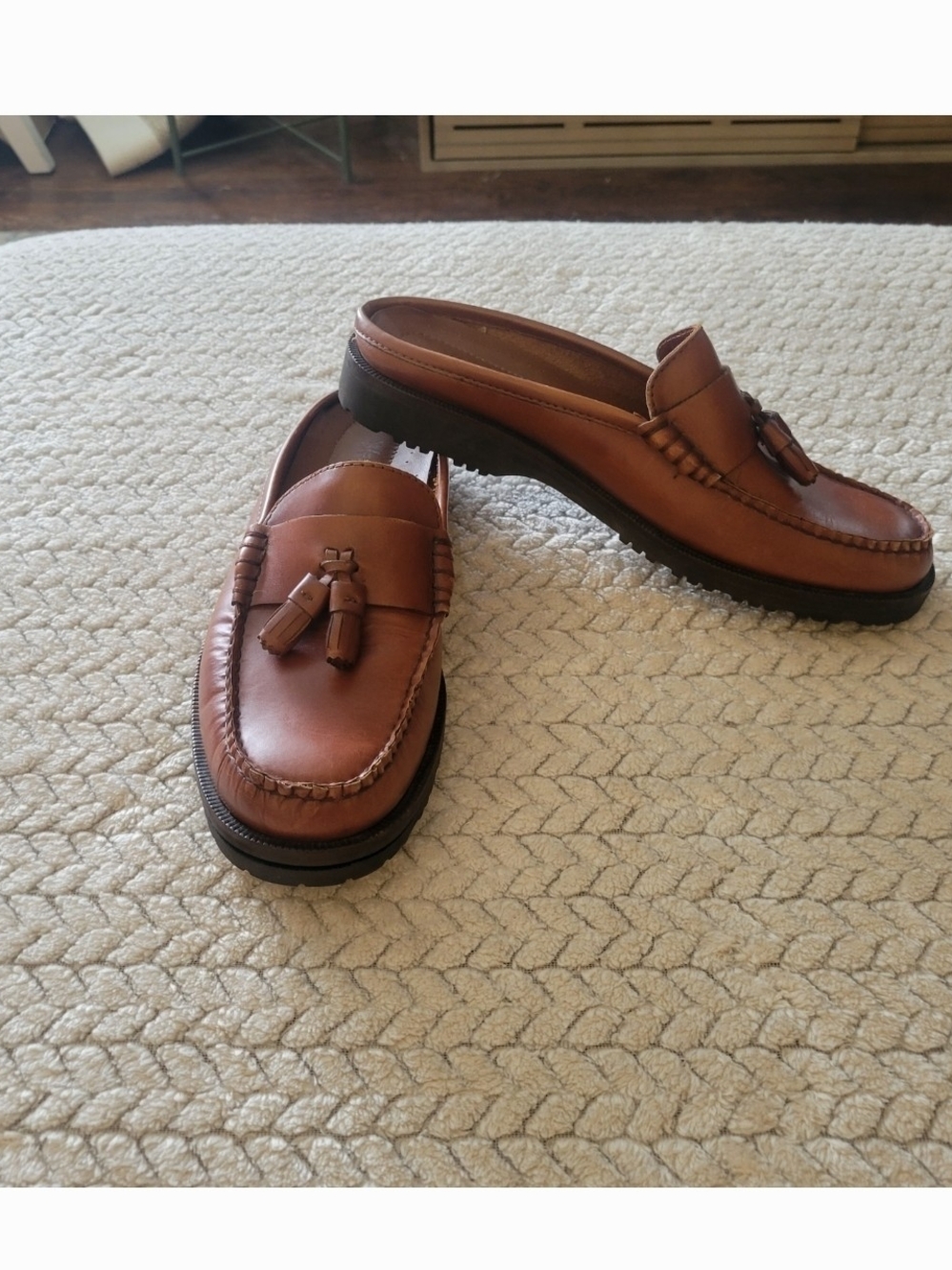 Women"s Weejuns Bass Brown Leather Tassel Loafer Mules Size 8